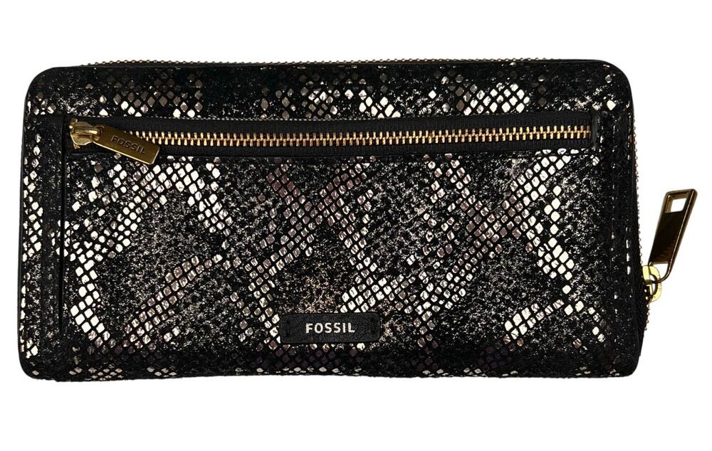 Fossil Logan RFID Zip Around Snakeskin Print Black Leather Wallet